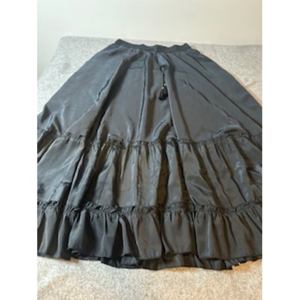 VTG Black Tiered Maxi Skirt Smocked Tassel Tiers Size M Boho Witchy Bothic
